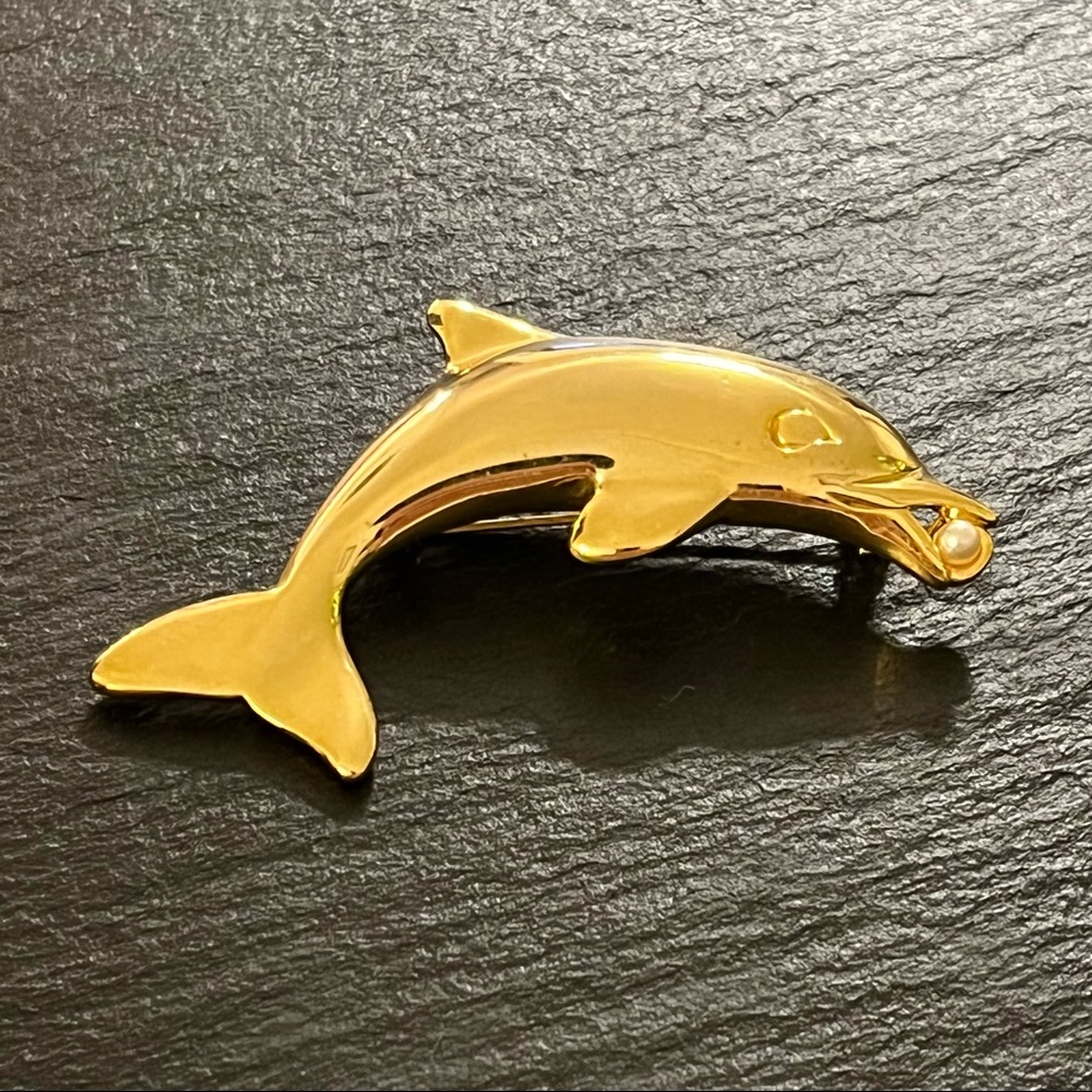 Gold Tone Dolphin With Faux Pearl Brooch